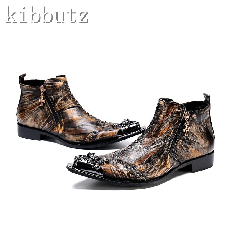 Vintage Brown Prints Metal Toe Men Short Boots Luxury Brand Genuine Leather Pointy Toe Motorcycle Riding Ankle Boot