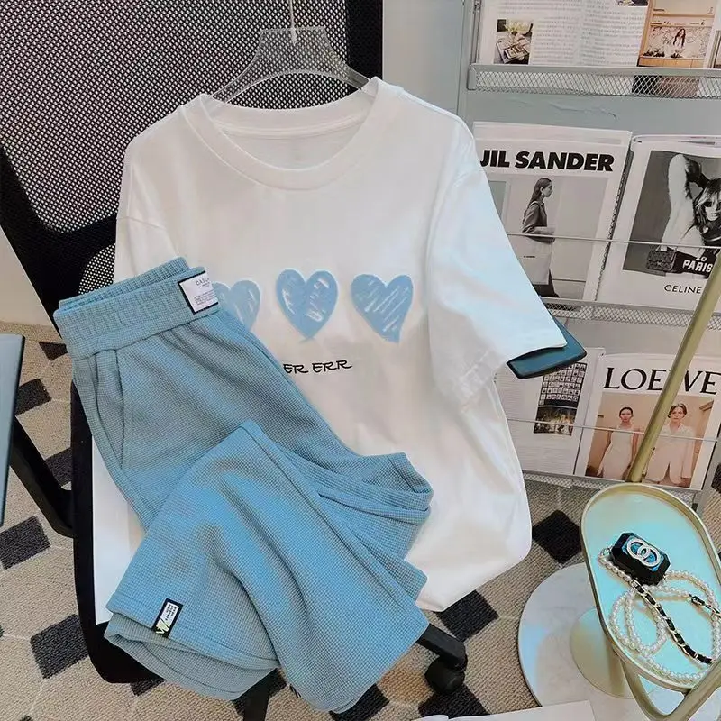 

Motion Wide Leg Two-piece Set Women Summer Fashion Printing Short Sleeve T-Shirt Simplicity Trend All-match Casual pants Suit