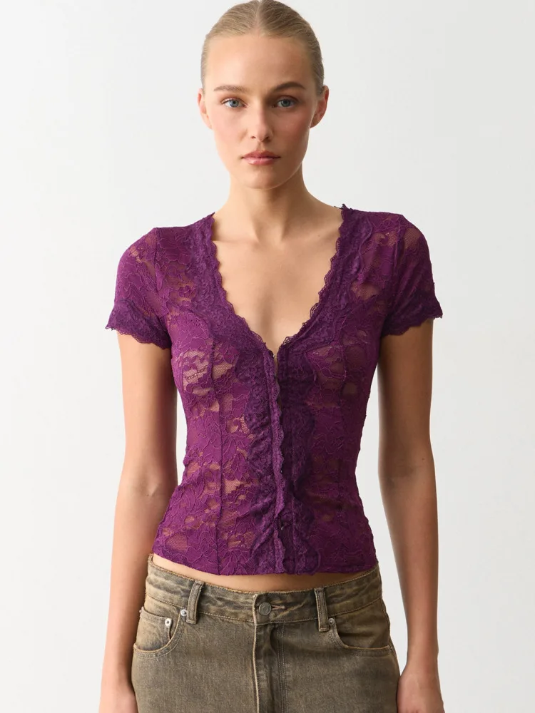 Blifanbo Lace Sexy Deep V Neck T-shirt Top Women See Through Short Sleeve Slim Fit Fashion Casual Female Top T-shirt Partywear