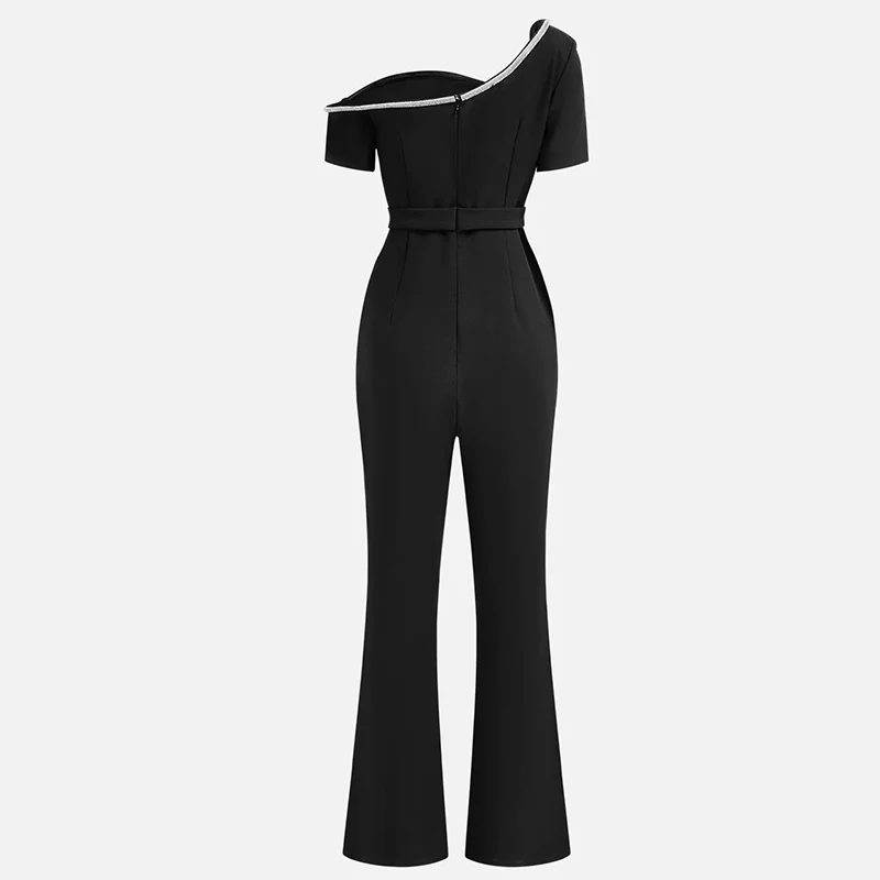 Women Fashion High Waist Slim Party Rompers Casual Flare Pants Solid Playsuits Elegant Asymmetrical Short Sleeve Long Jumpsuits