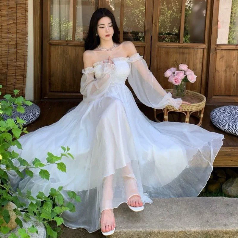 오프숄더 드레스 졸업 가운 화이트 여름 프렌치 스타일 티 파티 보헤미안 맥시 롱 슬리브 우아하고 시크한 웨딩 게스트 비치
