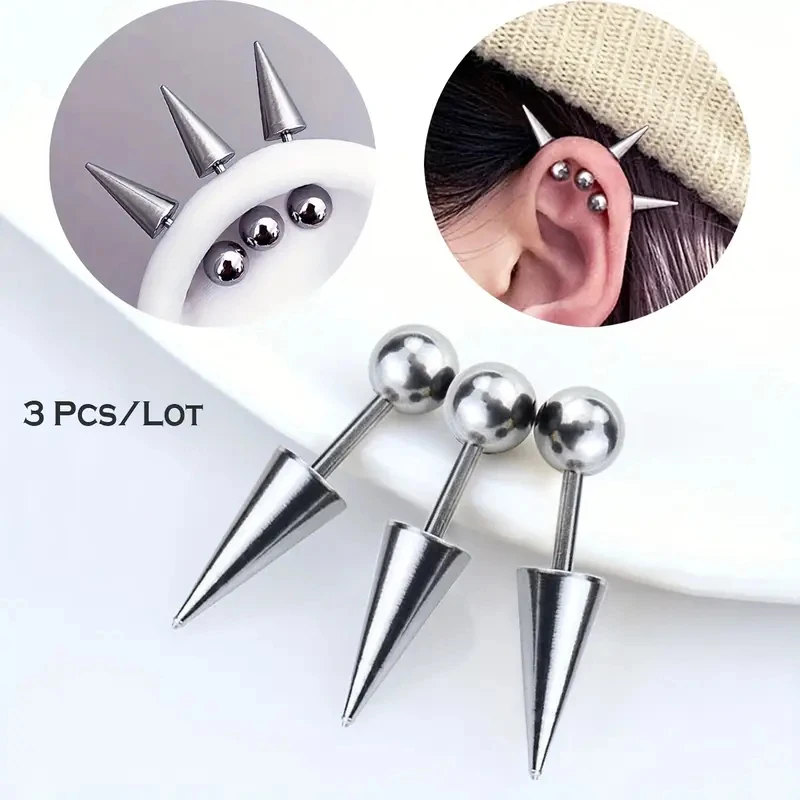3Pcs/Set Classic Fashion Punk Rock Rivet Spike Tip Cone 316L Stainless Steel Women Men Ear Stud Earrings Piercing Body Jewelry