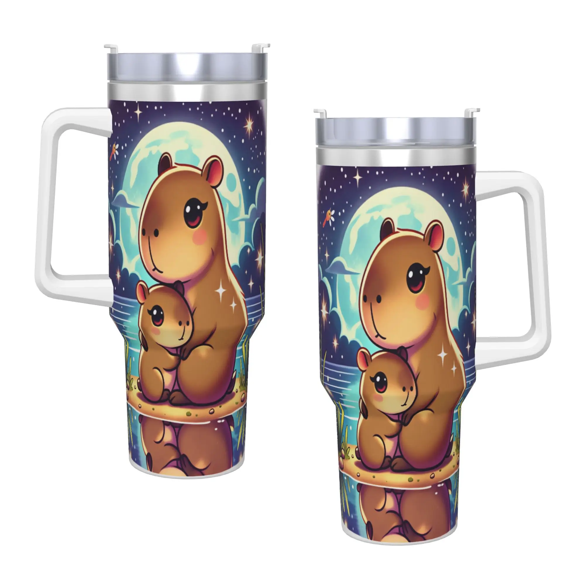 Stainless Steel Tumbler Mom And Baby Capybara Hug Night Full Moon Lake Reflection Star Cartoon Car Mugs With Straws Bottle