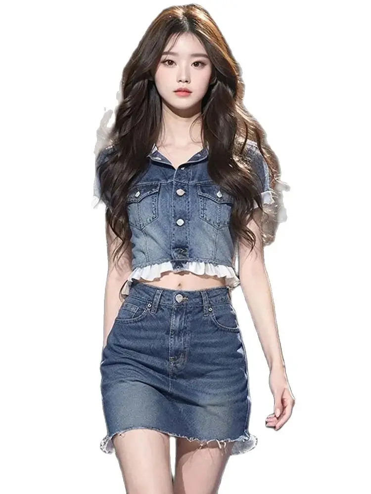 Korea Denim Two Piece Suit High Waist Mini Skirt Women Hot Sweet Girls Vintage Bodycon A-Line Summer New Denim Top Short Sleeves