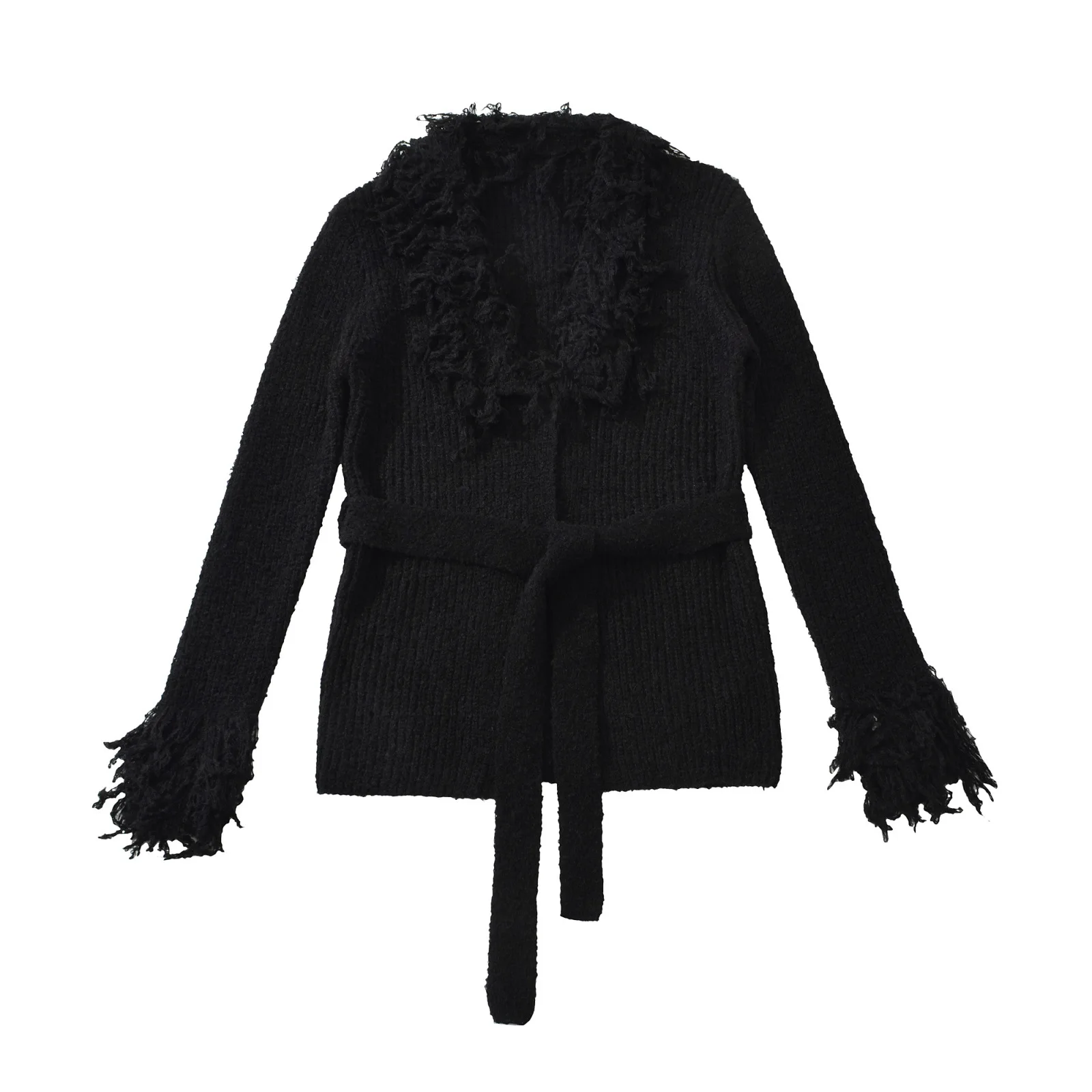 

Women's Clothing 2025 Autumn and Winter Tassel V-neck with Belt Knit Cardigan Top