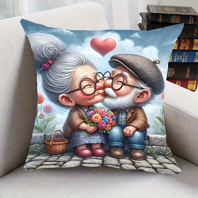 1pc Elderly Couple Kissing Love Printed Throw Pillow Cover, Suitable for Sofa, Bedroom, Living Room, Romantic Gift for Spouse.