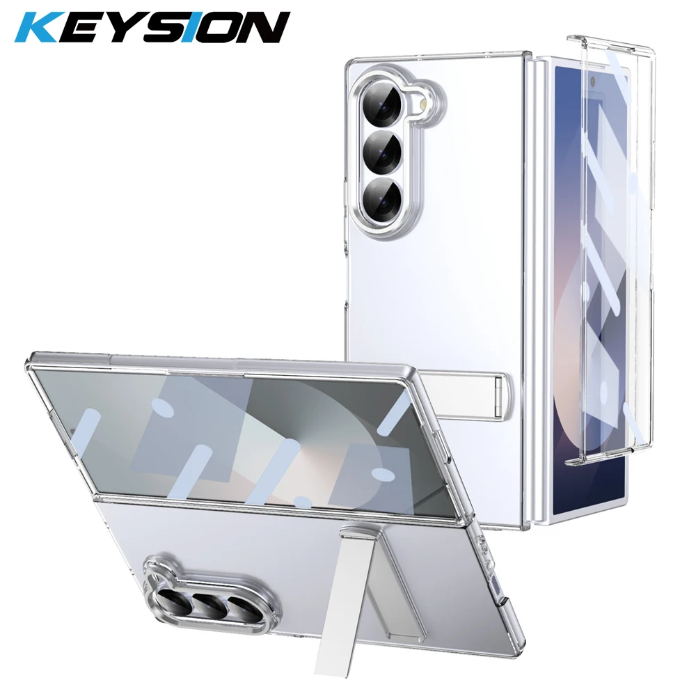 KEYSION Transparent Case for Samsung Z Fold 6 5 4 3 5G Hard PC Metal Kickstand Shockproof Phone Back Cover with Screen Protector