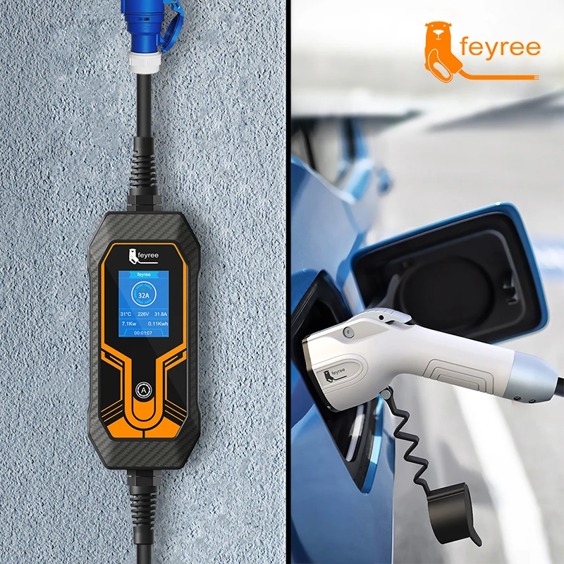 feyree Portable EV Charger Wallbox Type1 j1772 7KW 32A 1Phase with CEE Plug EVSE Charging Box for Electric Car Charger 5m Cable