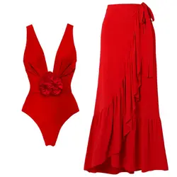 2024 New Detachable 3D Flower Red One Piece Swimsuit and Skirt  Summer Swimwear Women Beachwear  Clearance Wholesale