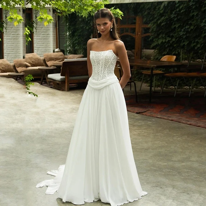 

Custom A-Line Wedding Dress — Bohemian Cathedral Style, Strapless Snow-White Tulle, Princess-Style Bridal Ball Gown