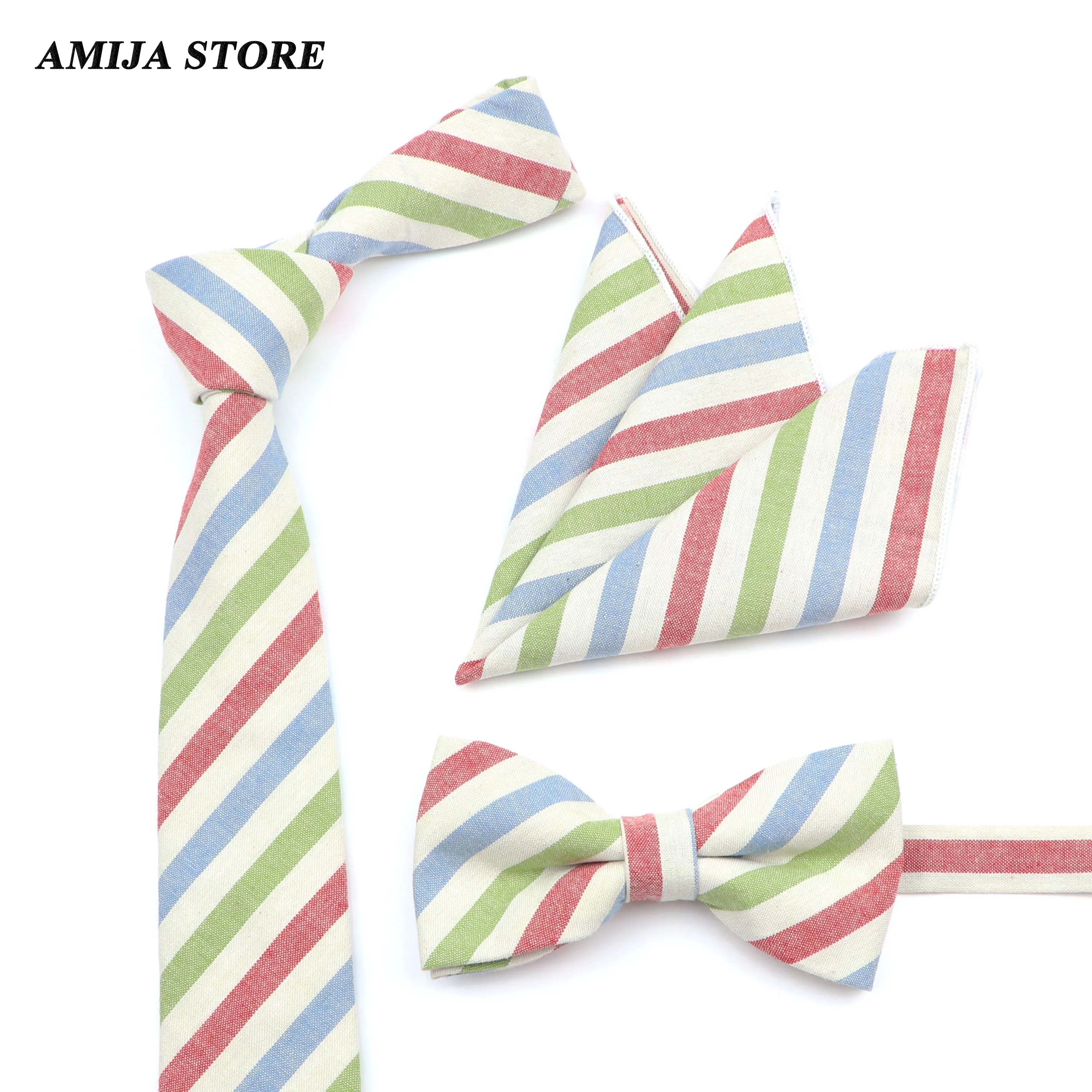 

Classical Cotton Neck Tie Set For Men Women Slim Tie Necktie Bowtie Hankerchief Striped Rainbow Wedding Bowties Cravat Corbatas