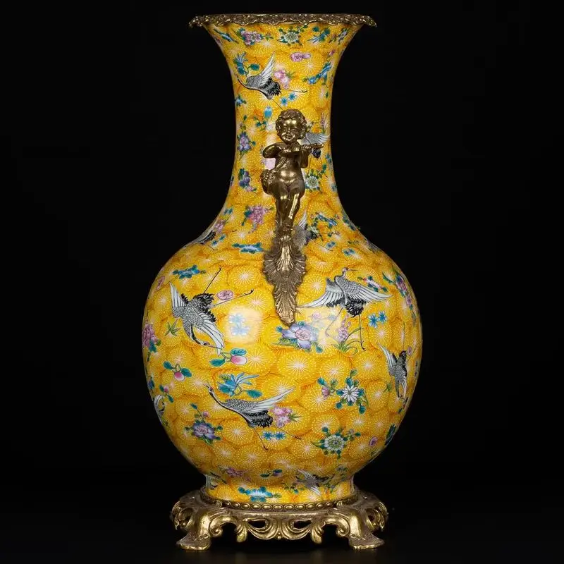 Royal style yellow antique brass enamel art home decoration vase