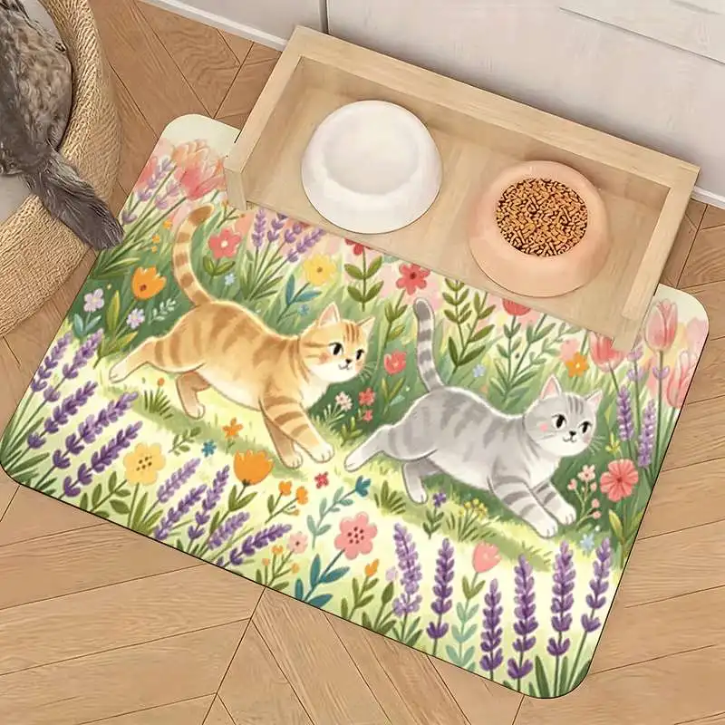 Cute Cat Garden Mat with Pet Bowl Station for Entryway or Hallway Decor