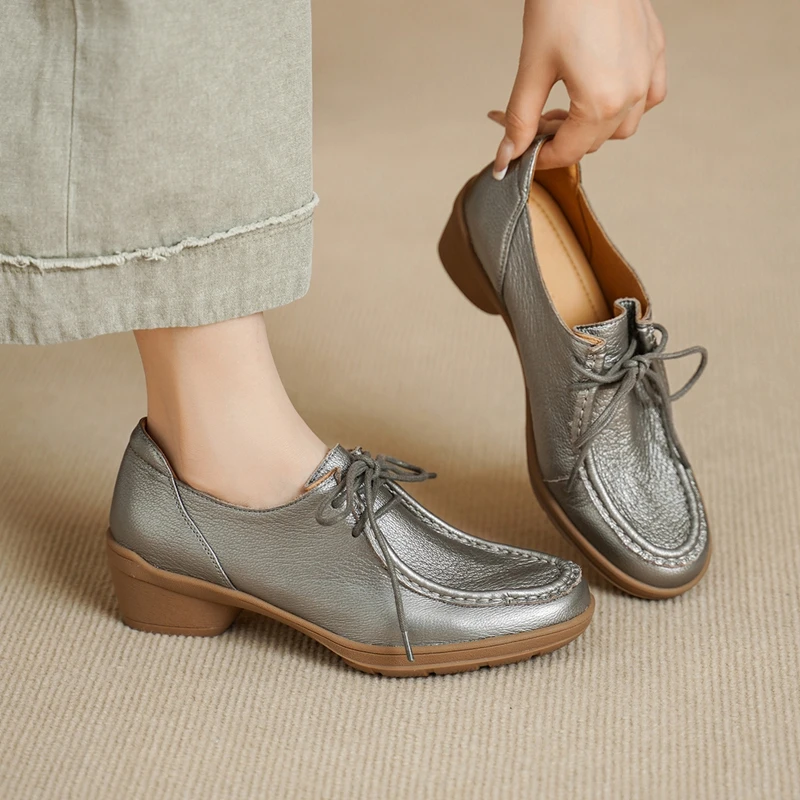 2026 Autumn New Women's Sheepskin Round Toe Lace-up Pumps 4cm Square Heel Med Heel Casual Female OL Style Daily Heels Shoes