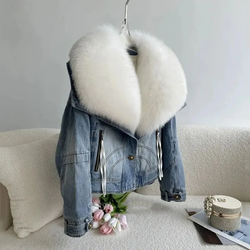 2023 New Womens Winter Denim Jacket With Large fur collar Lady Leisure Fashion Streetwear White Duck Down Coat Parka