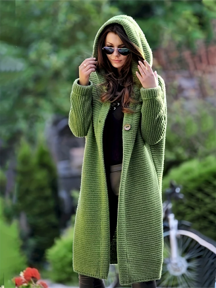 Plus Size Women\'s Autumn And Winter New Long Cardigan Knit Button Hooded Elegant Sweater Jacket Casual Classic Loose Knit Jacket