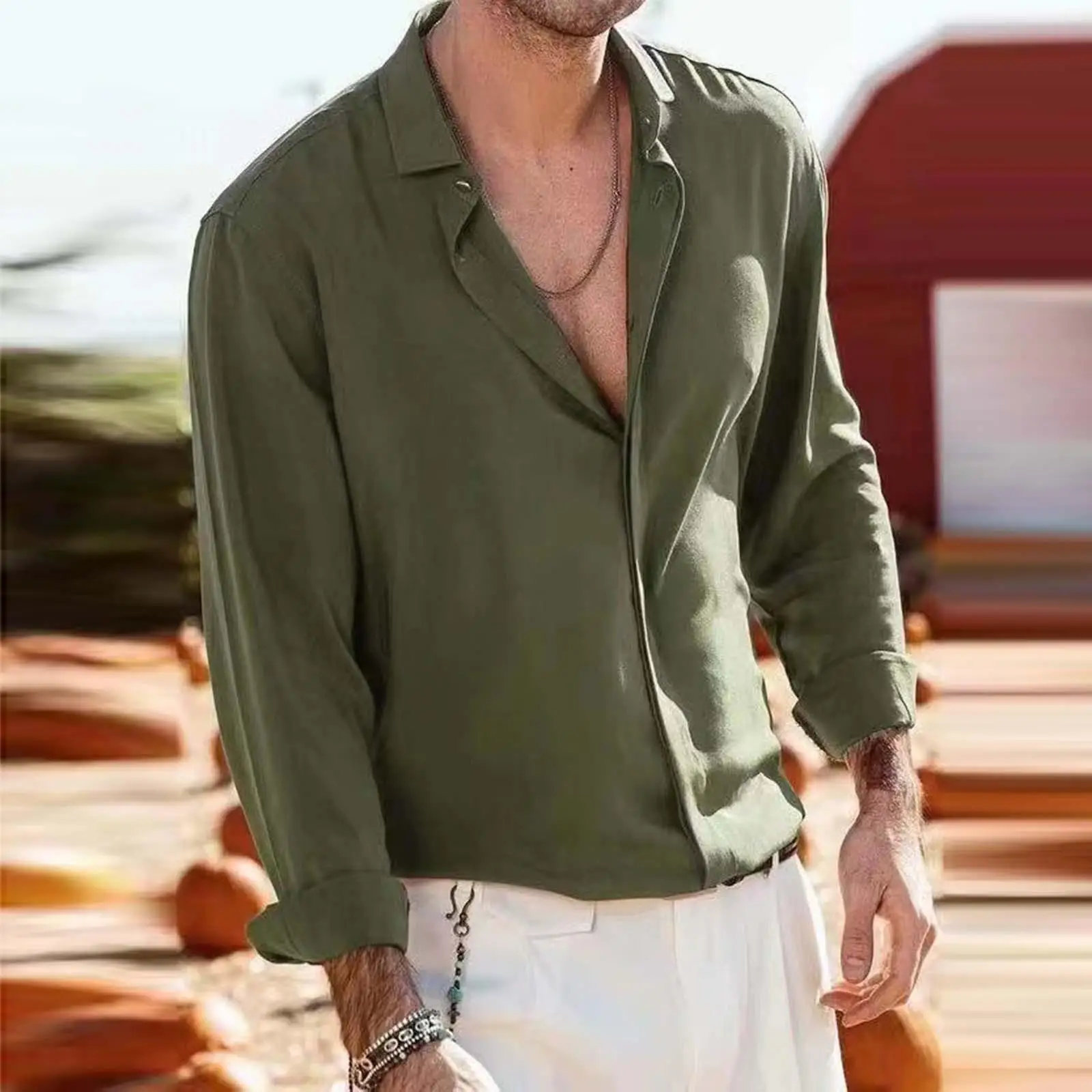 Men's Cotton Linen irt Collared Long Sve Street Sle  Color Splice Fabric Average Thin Summer 2023 Faion