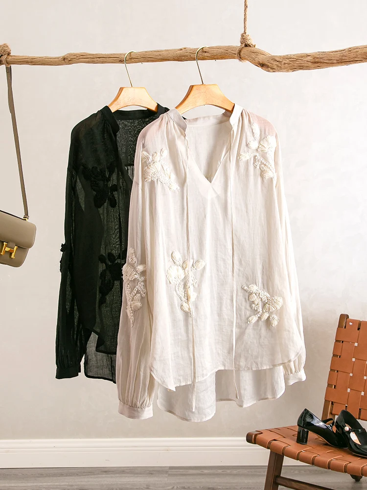 

Новая женская блузка YongLeap весна-лето с V-образным вырезом, вышивкой, из льняной ткани, свободного кроя, с длинным рукавом, для делового и повседневного стиля