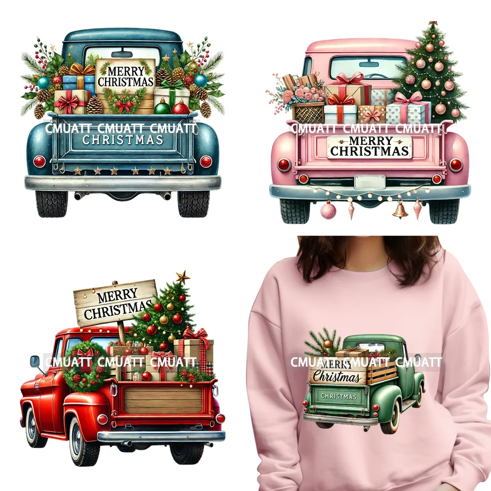 

Christmas Farm Trucks Festive Holiday Vehicle Tree Holly Cars Iron on DTF Washable Transfers Stickers Ready to Press for Hoodies