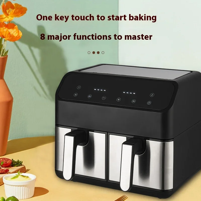 8L Large Capacity Intelligent Touch Screen Air Fryer Double Bucket Stainless Steel Electric Oil-Free Cooking For Household RV