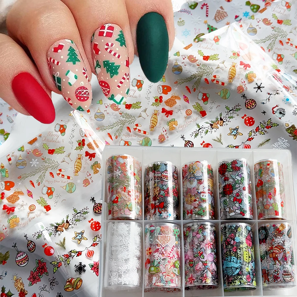 

10 рулонов рождественской фольги для дизайна ногтей, переводные наклейки, красочные снежинки, рождественская елка, узоры снеговика, наклейки для ногтей, зимний маникюр