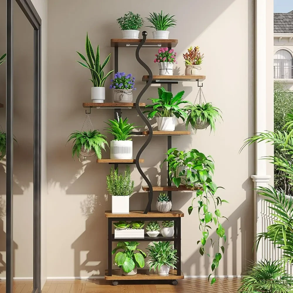 

9 Tiered Plant Shelf Indoor Plant Stand Indoor with Grow Lights 71" Tall Plant Stands with Wheels