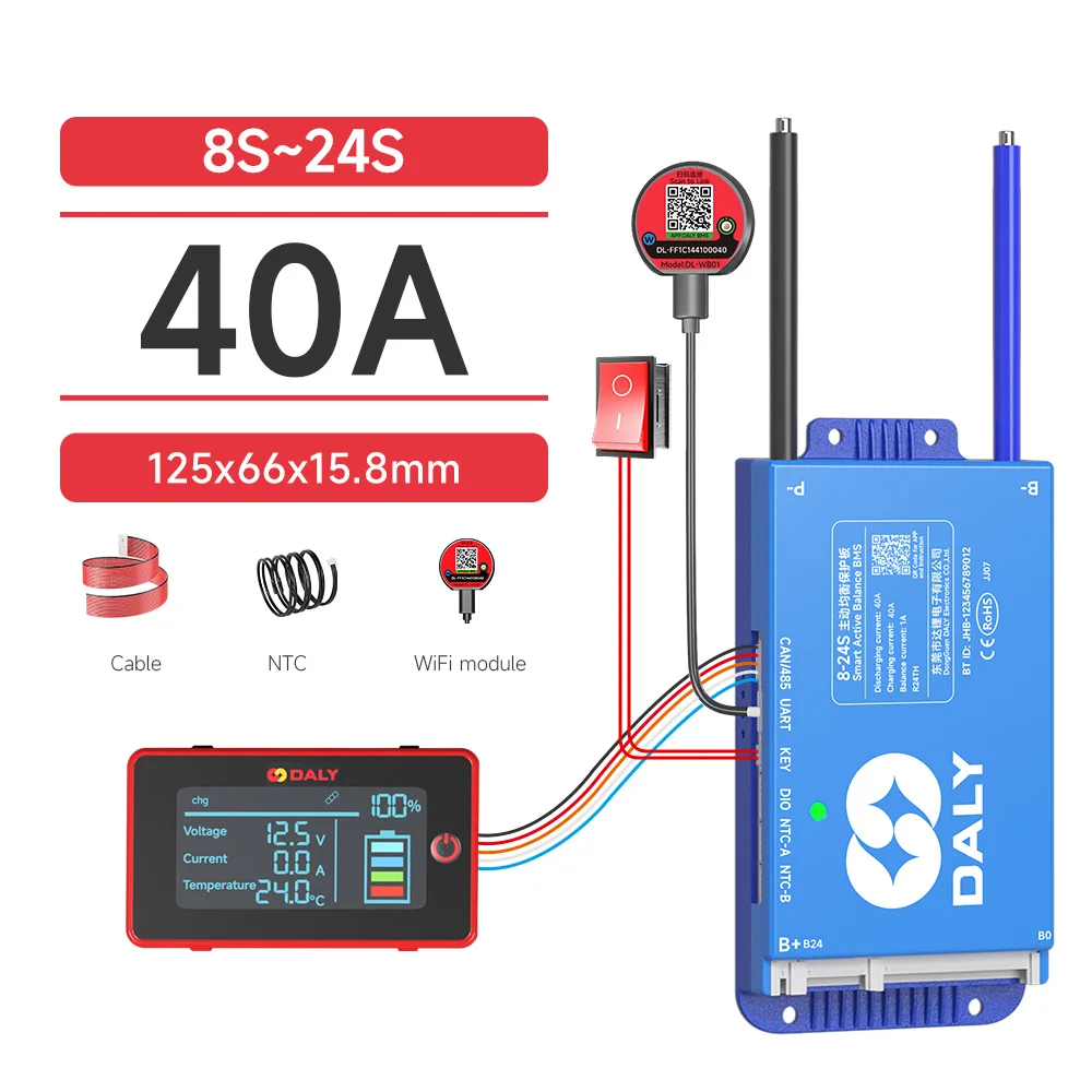 DALY Smart BMS 4S 8S 16S 40A 60A 100A 150A 200A 12V 24V 48V LiFePo4 1A Actieve Balancer BMS met LCD RS485 UART WIFI KEY