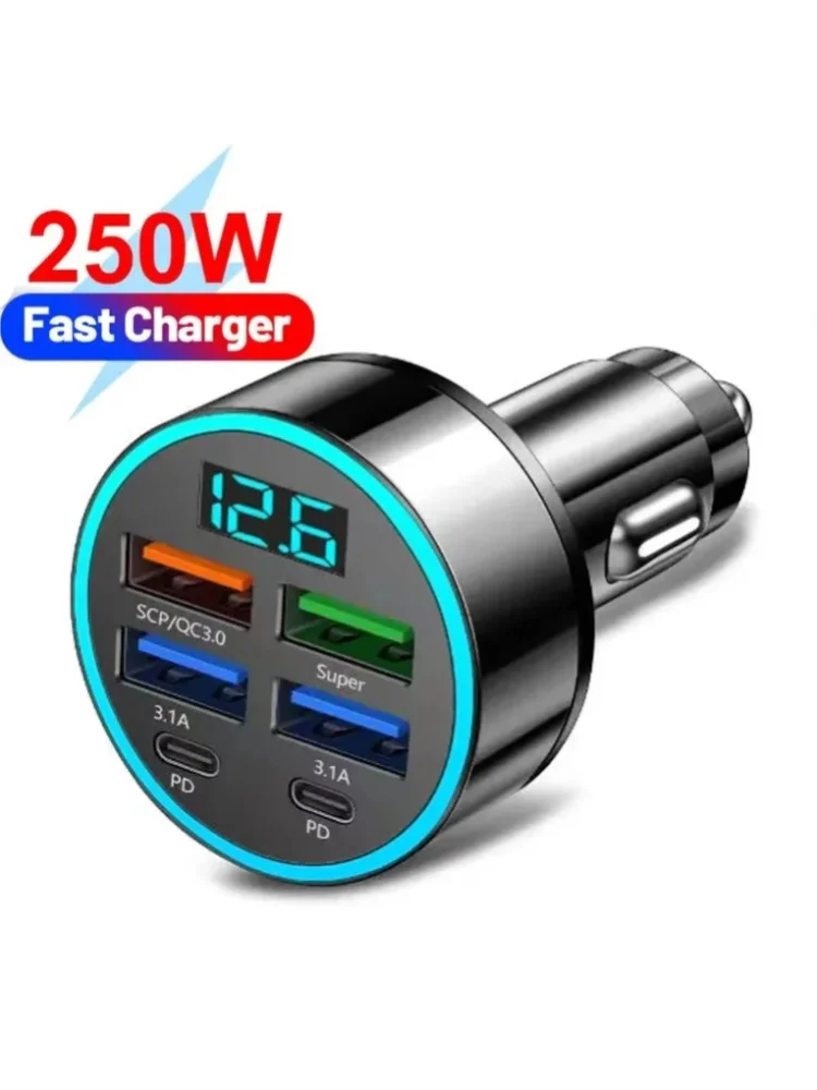 250W Auto-Ladegerät mit 4 USB-Anschlüssen, QC3.0, PD Typ-C, Digitalanzeige, 3,1A mit Spannungserkennung, Multi-Port Auto-Stromadapter