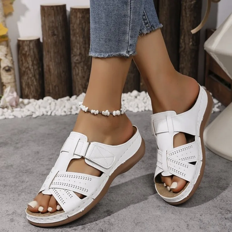 

Womens Casual Wedge Sandals Hollow Out Perforated Slip on Hook Loop Platform Slippers Open Toe Contrast Stitching Summer Walking