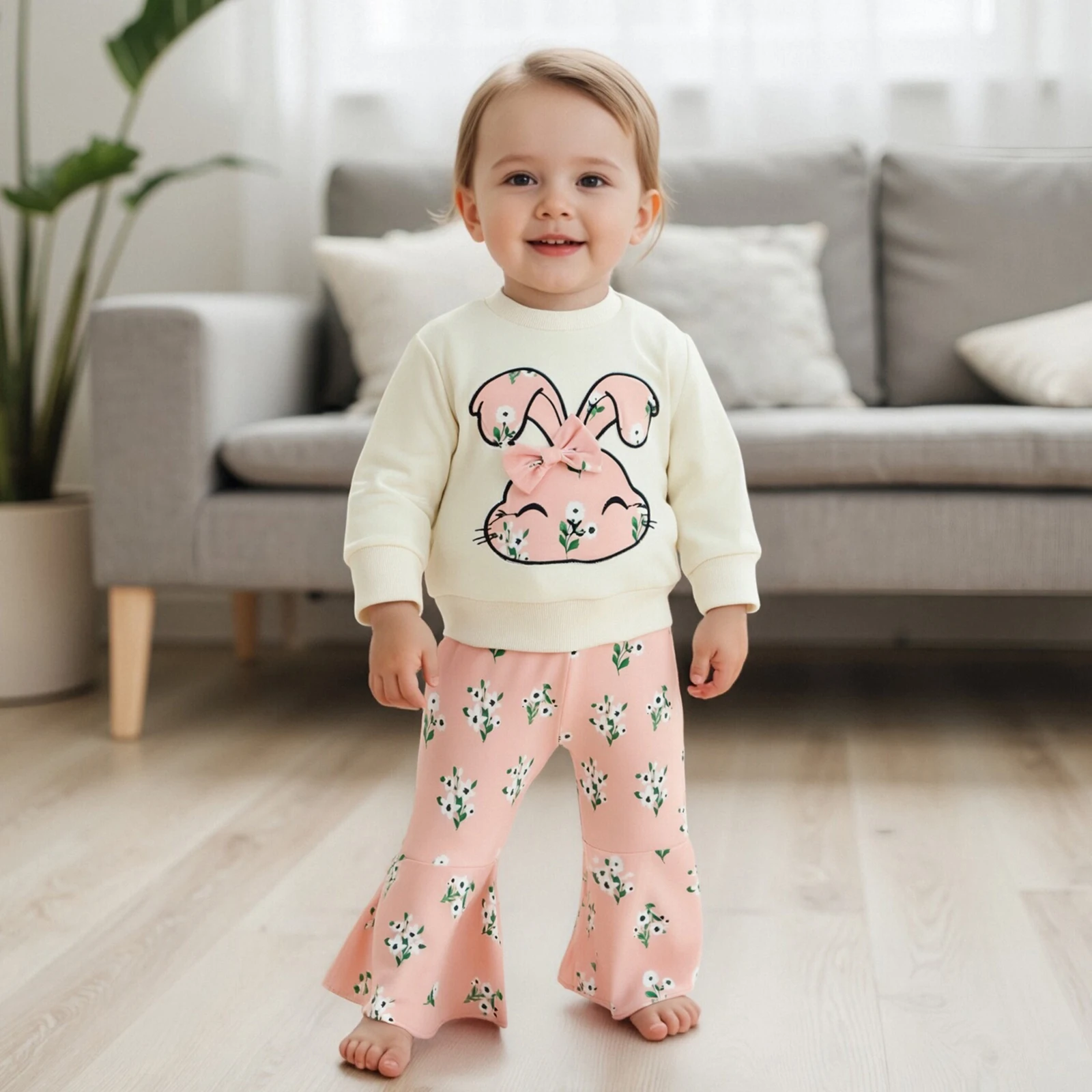 

Toddler Girl Fall Outfits Bunny Print Long Sleeve Round Neck Pullover Elastic Waist Floral Flare Pants 2 Pcs Set
