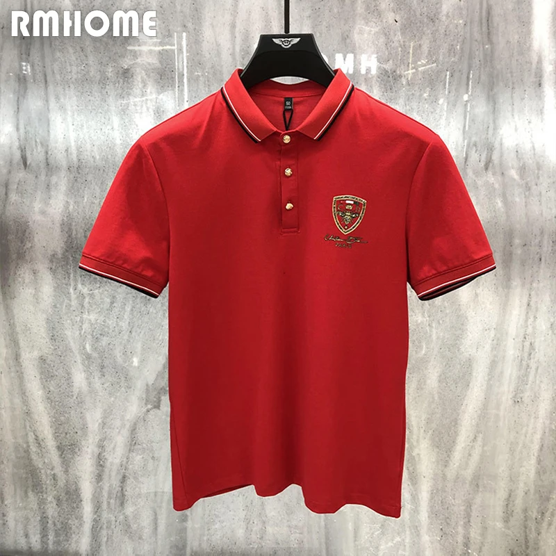 

Men's Polo Business Casual Fashion Lapel T-shirt Bee Print Hot Diamond Tees 2023 Summer Slim Red Tops Mercerized Cotton Clothing