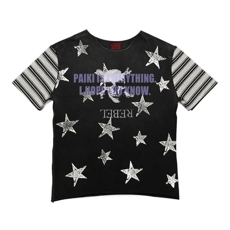 

Vintage Stripe Subculture High Street Unisex Summer Trend Pure Cotton Round Neck Gothic T Shirt Short Sleeved Men Women Y2k Top