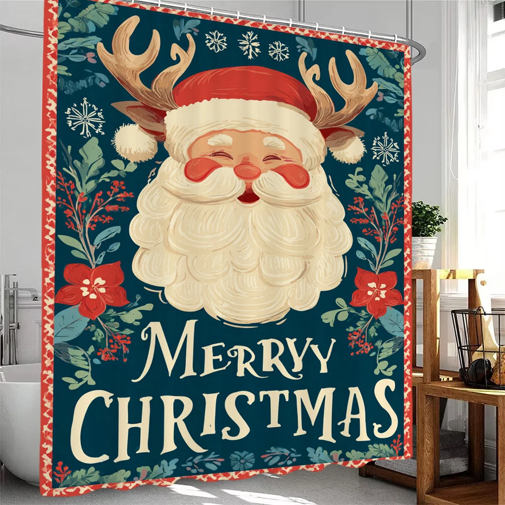

Merry Christmas Shower Curtain, Bathroom Decorative Christmas Santa Claus Shower Curtain, Waterproof Shower Curtain with Hooks