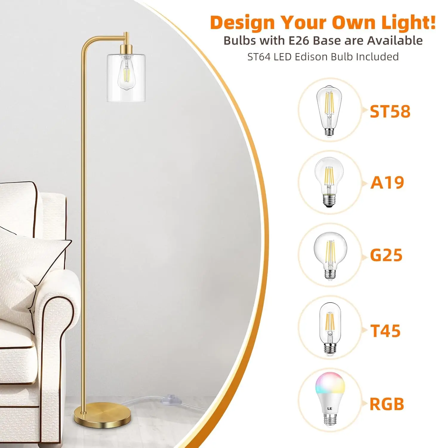 Vintage Industrial Floor Lamp with Glass Shade, Brass Gold Farmhouse Standing Light for Living Room Bedroom Office view 6