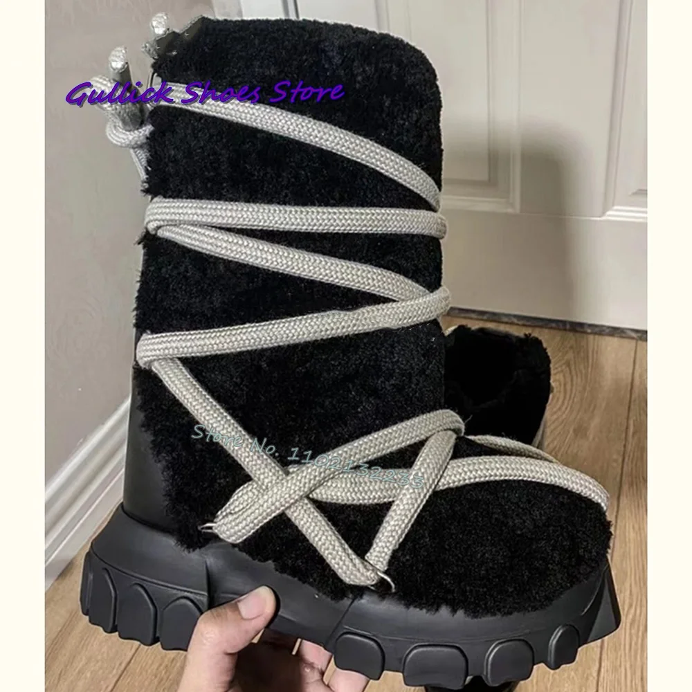 Women Black Plush Thick Sole Snow Boots Fur Cross Strap Man Winter Fashion Warm Dress Daily Black New Women Outwear Shoes