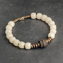 Handcrafted Fret Yak Bone Bead Bracelet Handmade Metal Copper Charm Zen Buddhism Healing Prayer Energy Balance Git for Mom