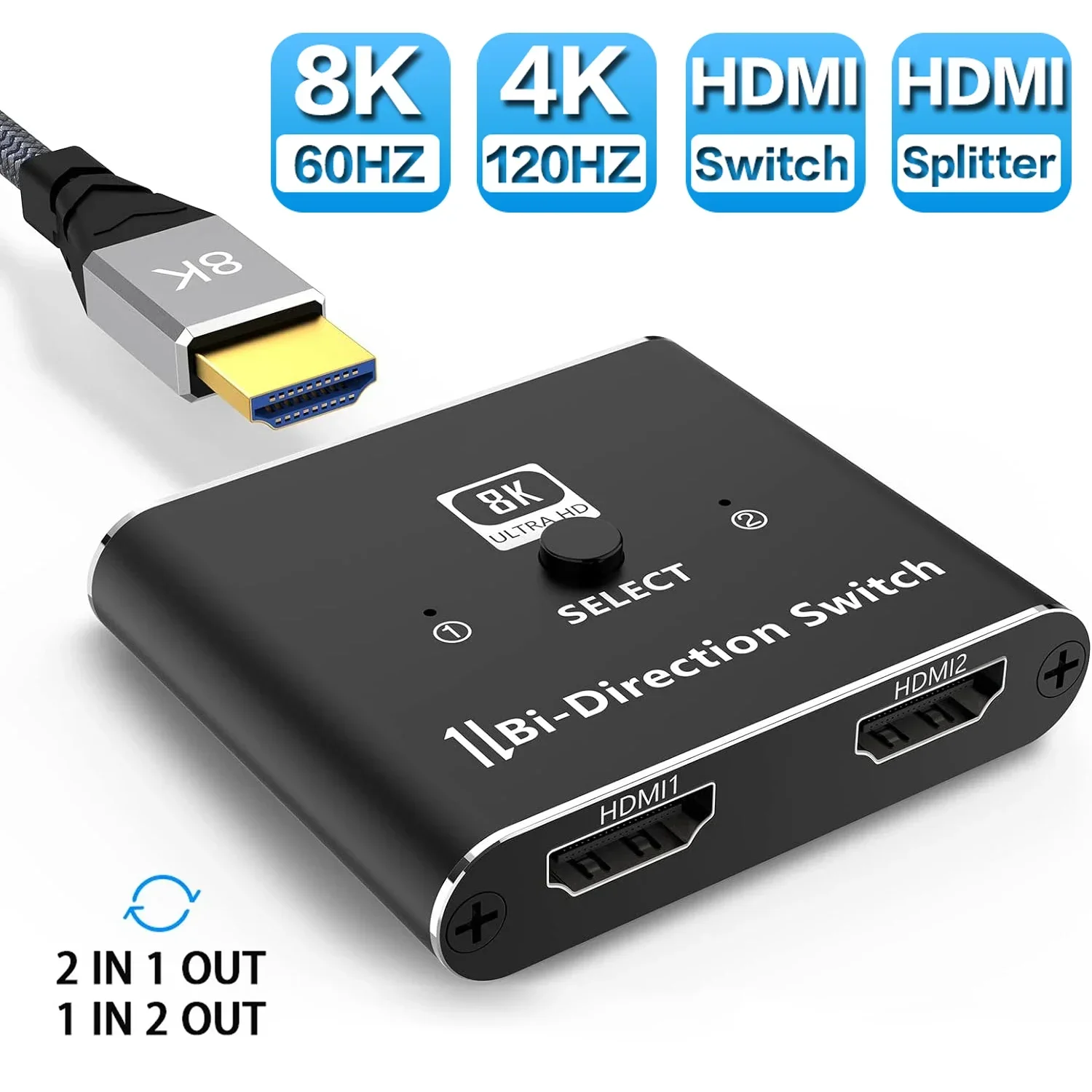 HDMI 2.1 Splitter Switch 2 in 1 out 8K 60Hz 4K120Hz Bi-Directional Switcher 1X2 for TV Series X PS5 HDMI-compatible Monitor