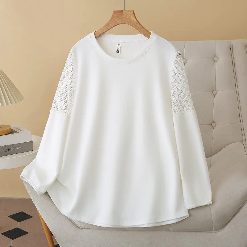 Women Round Neck Top Early Autumn Hollow Lace Patchwork Sleeve Slim Hide Belly Casual Blouse