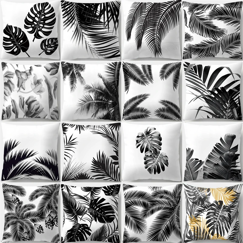 45x45cm Black White Leaf Plant Pillow Cover Tropical  Throw  Cushion  Sofa Car Home Decor