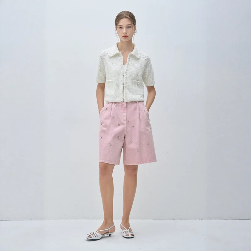 

Summer Casual High Waist Wide Leg Pure Cotton Pink Denim orts Women's Loose Fit Faionable Beaded orts 2025