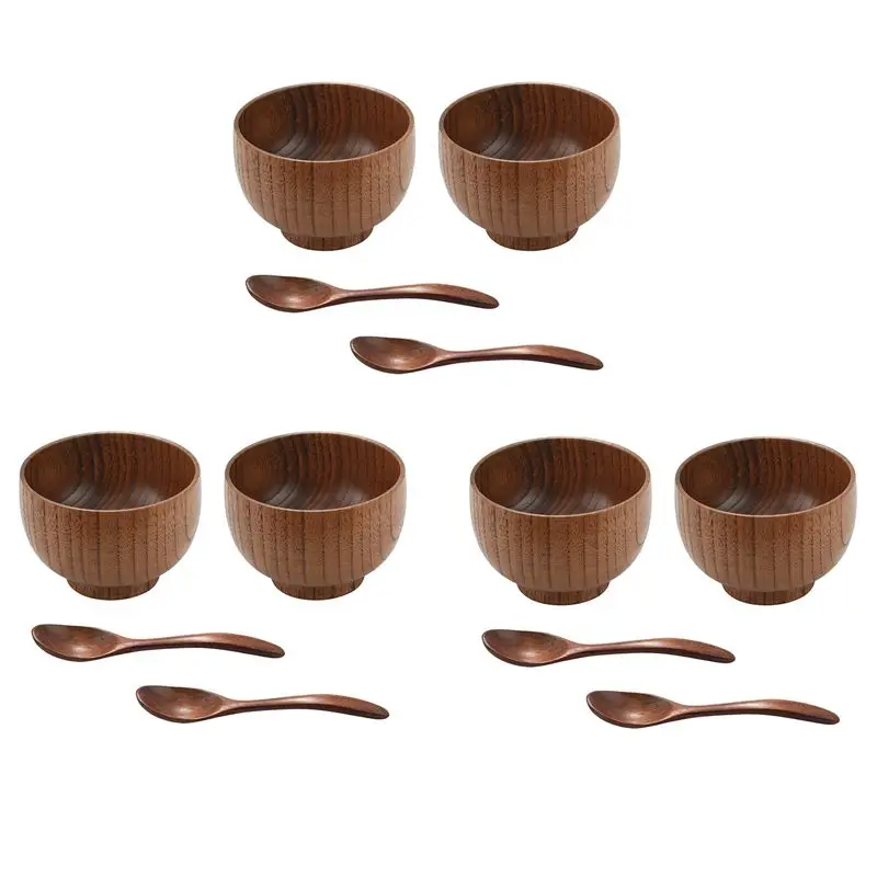 

T84C-12 Pieces Wooden Handmade Bowl And Spoon For For Rice Miso Serving Home Kitchen Tableware