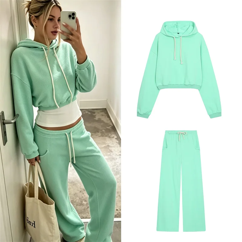 Guobioziy Women's Set 2026 Early Autumn New Style Fashion Hoodie Fluorescent Cropped Sweatshirt with Mid-Waist Wide-Leg Pants