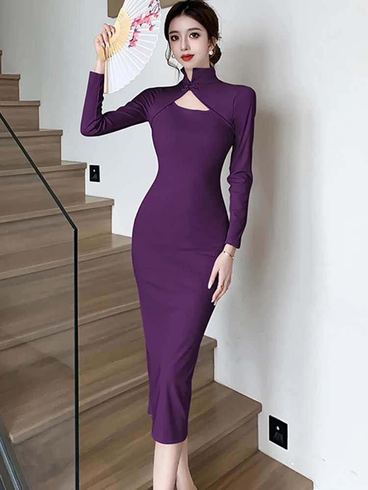 Herfst Winter Paarse Lange Mouw Chique Uitgehold Sexy Lange Jurk Vrouwen Vintage Bodycon Prom Kleding 2024 Koreaanse Elegante Vestidos