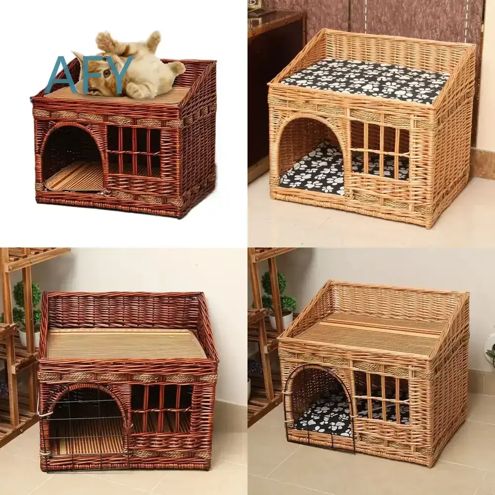Cat Nest for All Seasons Summer Cool Rattan Cat Bed Cat House Cage Villa Double Floor Pet Bed for Cats Small Animals Indoor