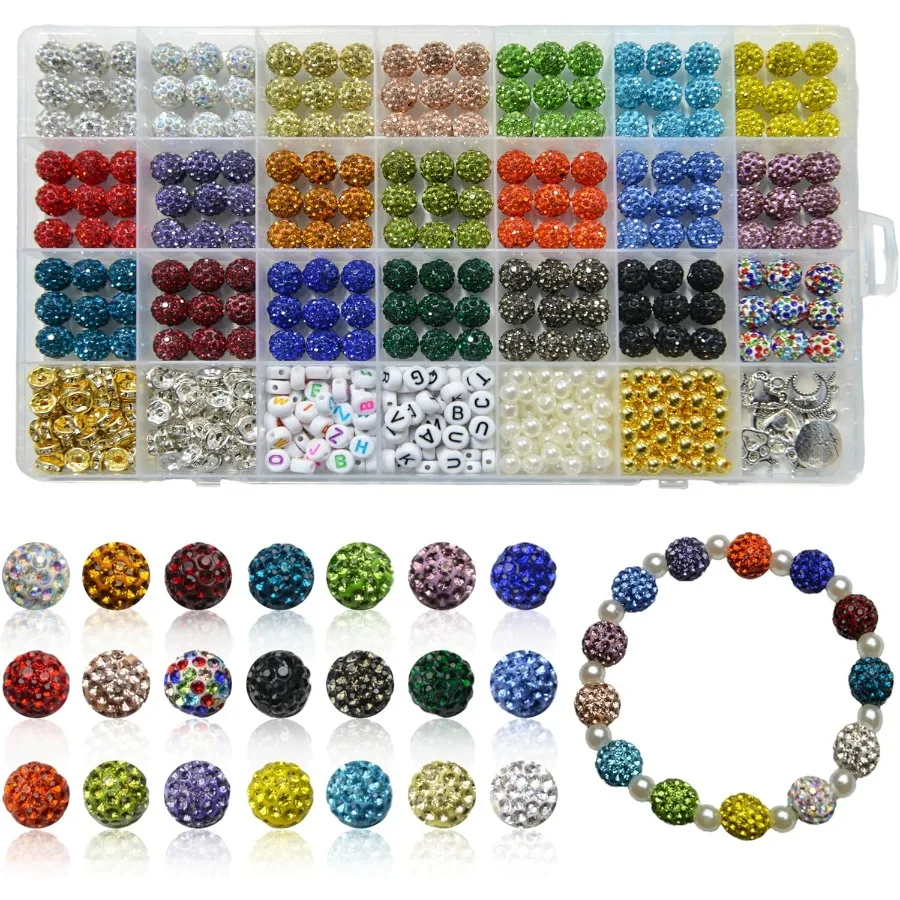 

501 Pcs Rhinestone Bead Kit for Bracelet 10mm Sparkle Clay Crystal Beads for Jewelry Making 21 Colors Shiny Disco Ball Beads fo