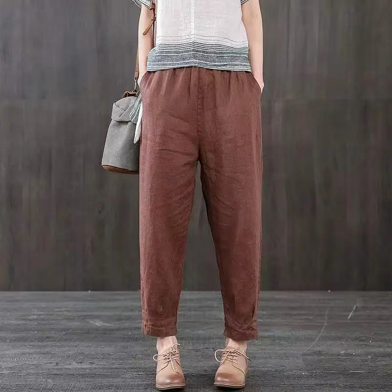 New Women's Casual Pants Thin Loose Cotton Linen Nine Points Harlan Bla Mom Straight Leg Pants Spring Summer High Waist