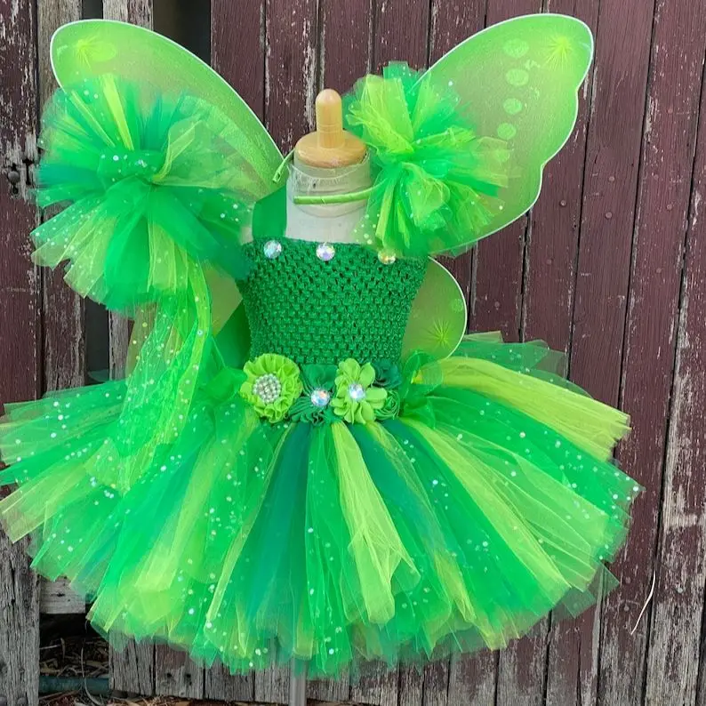 Girls Green Glitter Flower Dress Kids Butterfly Fairy Tutu Dress With Wing Stick Children Birthday Christmas Costume Party Dress