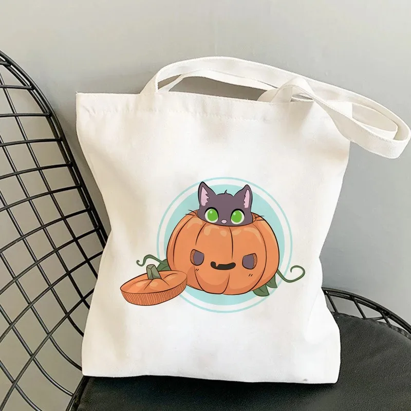 حقيبة كتف قماشية تحت عنوان الهالوين، حقيبة كتف واسعة أنيقة مع أنماط الخفافيش على شكل قرع القط، مثالية للتسوق اليومي