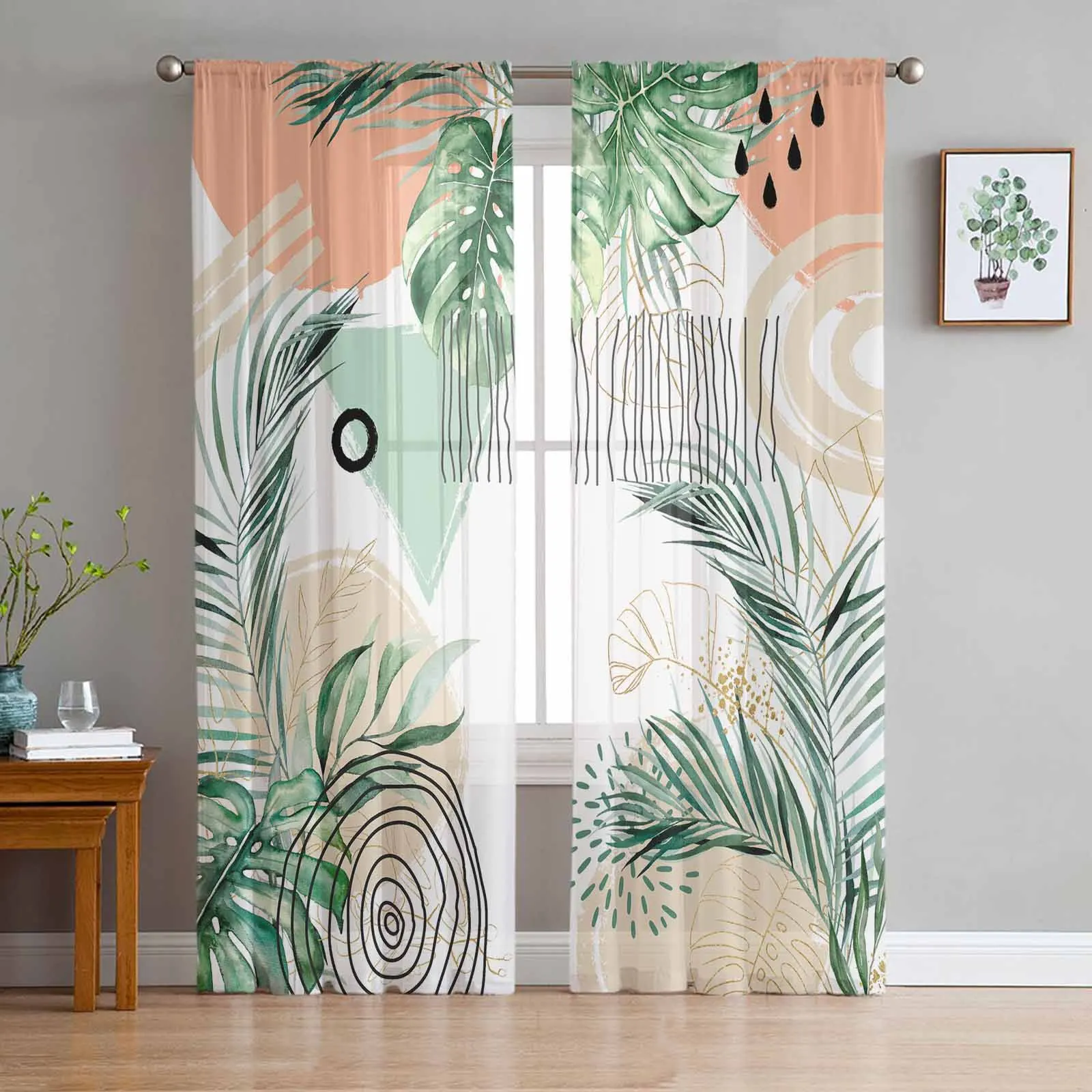 

Summer Tropical Palm Leaf Watercolor Voile Sheer Curtains Living Room Window Tulle Curtain Kitchen Bedroom Drapes Home Decor