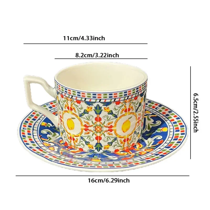 Floral Artistic Floral Ceramic Cup & Saucer Set Pattern Coffee Mug Green Handle, Elegant Tea Drinkware Home Decor Birthday Gift